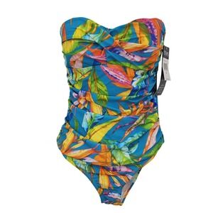 Chaps Swimsuit Women 8 Multicolor Tropical Bandeau One Piece Slimming New Beachy